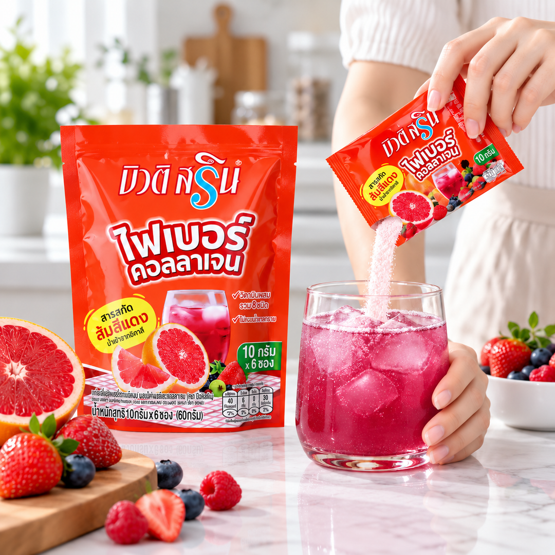 Beauti Srin Mixed Berry Fiber and Collagen — preparing one 10 g sachet in water