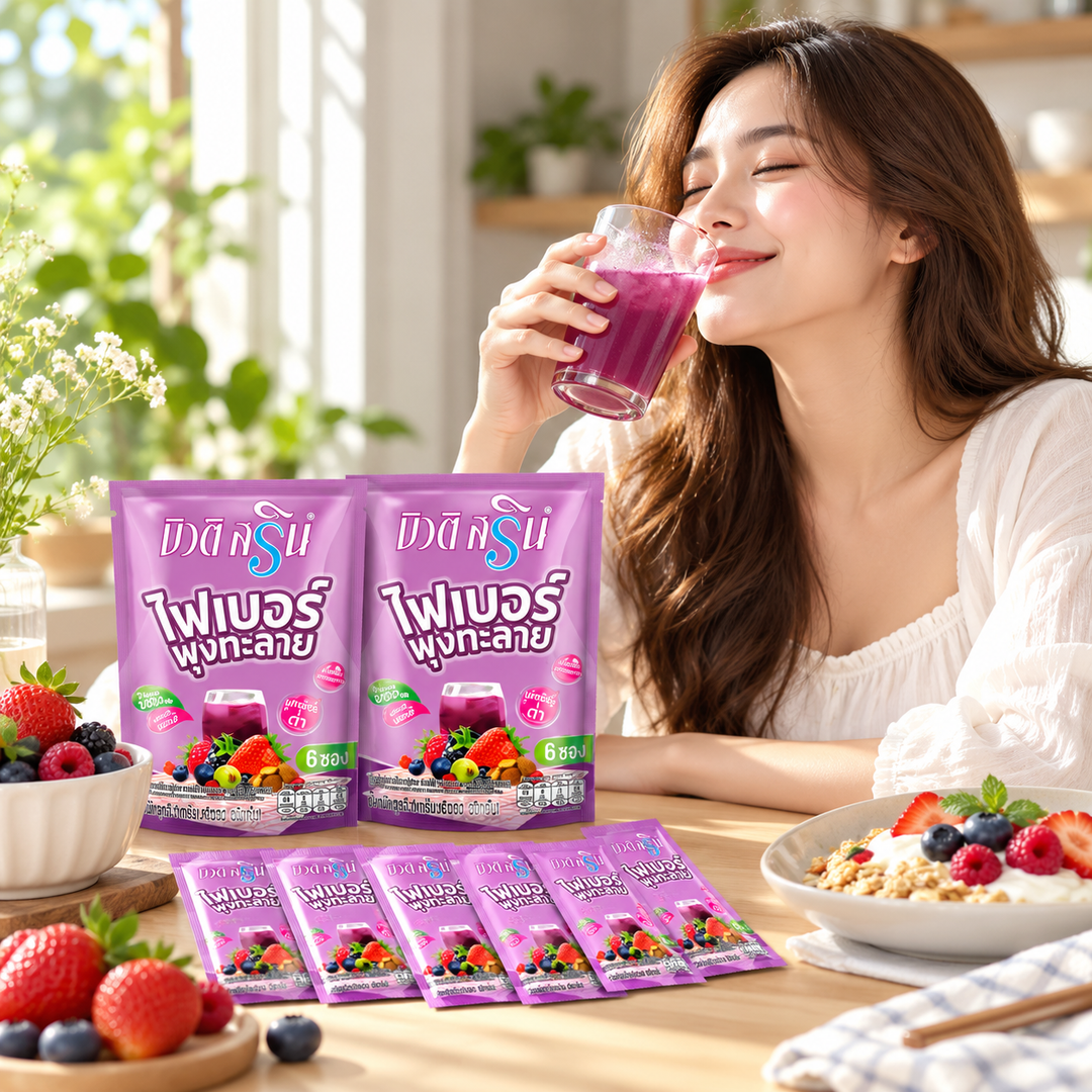 Beauti Srin Fiber Poongtalai Mixed Berry Drink — enjoying the prepared drink