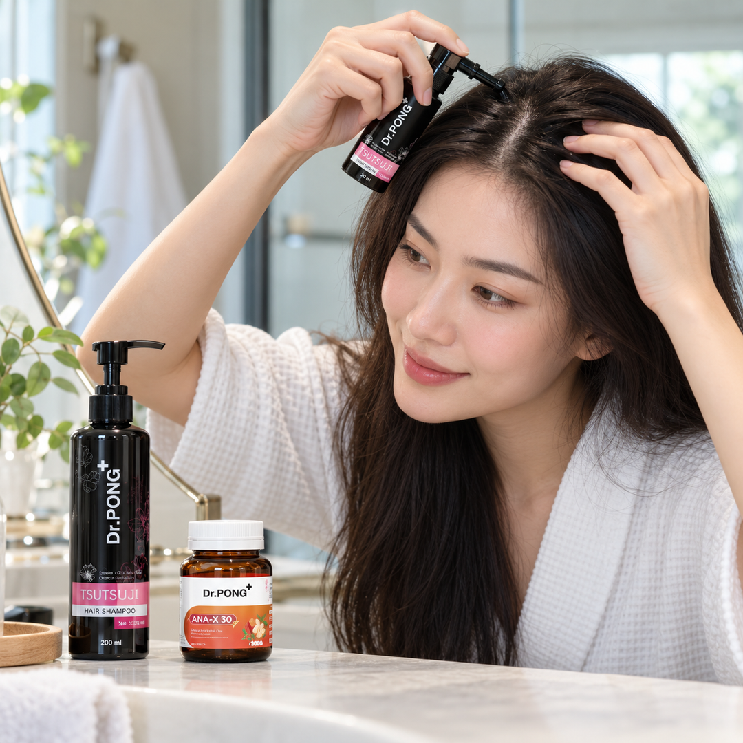 Dr.PONG Tsutsuji Hair Care Set 012 — 1 Complete Set | Shampoo 200 ml + Serum 30 ml + ANA-X 30 Capsules — product use lifestyle use1