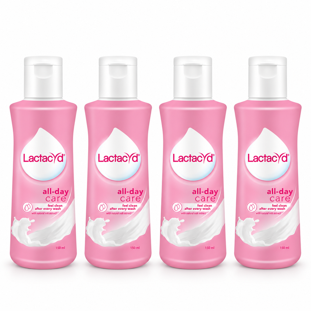 Lactacyd All Day Care Daily Feminine Wash — 4 × 150 ml — exact pack quantity on white