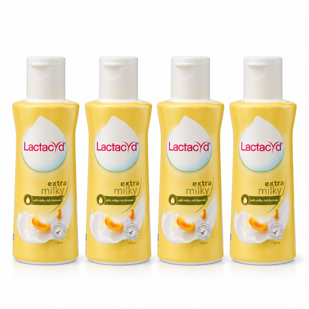 Lactacyd Extra Milky Daily Feminine Wash — 4 × 150 ml — exact pack quantity on white