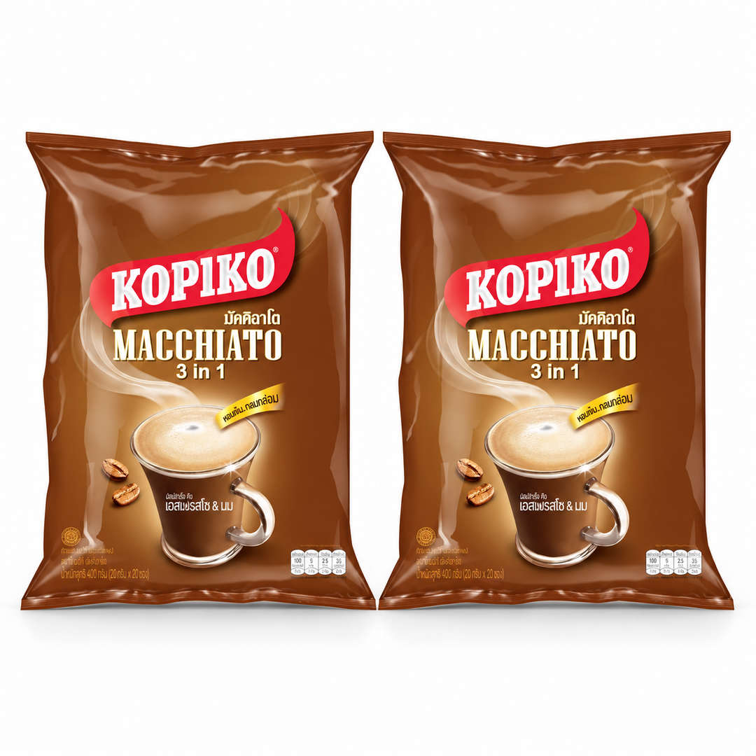 Kopiko Macchiato 3-in-1 Instant Coffee — 2 × 400 g (20 sachets per bag) — exact pack quantity on white