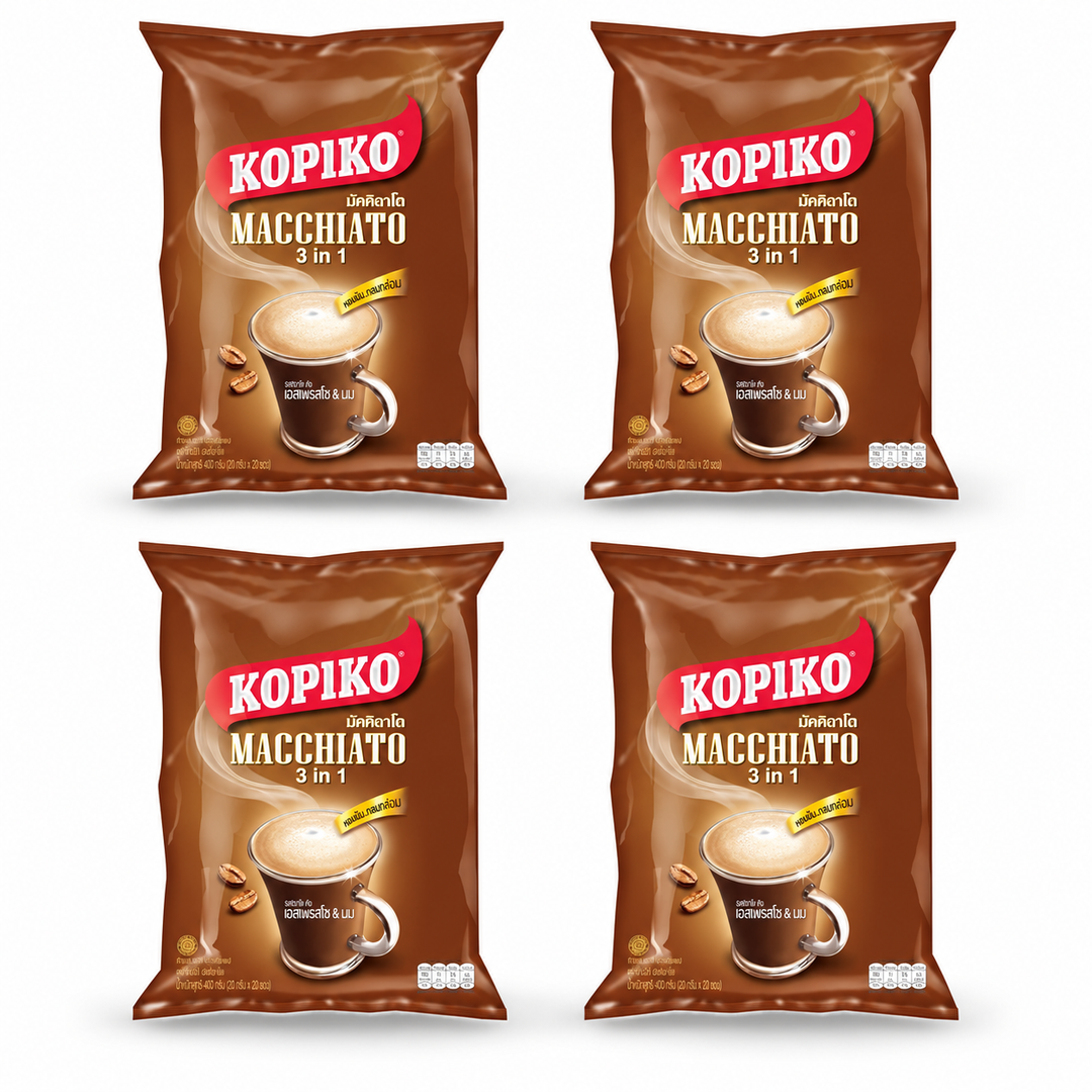 Kopiko Macchiato 3-in-1 Instant Coffee — 4 × 400 g (20 sachets per bag) — exact pack quantity on white