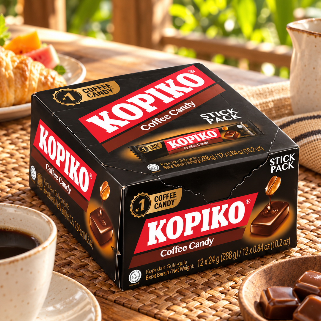 Kopiko Coffee Candy Stick Packs 24 g — 1 Display Box of 12 — lifestyle photograph