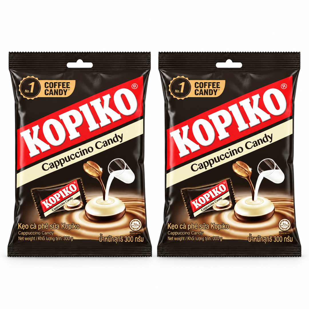 Kopiko Cappuccino Candy — 2 × 300 g Bags — exact pack quantity on white