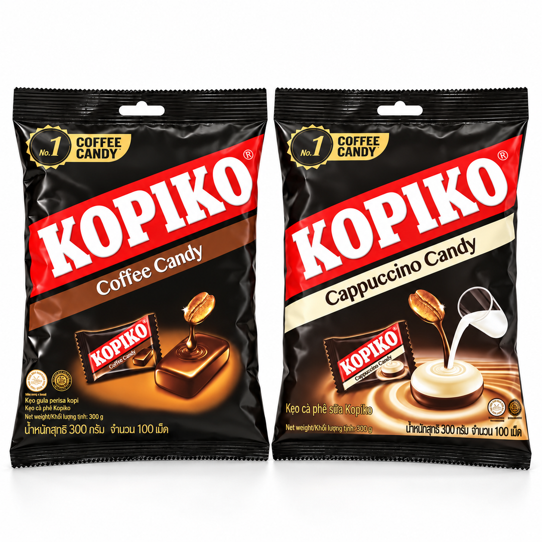 Kopiko Coffee & Cappuccino Candy Mix — 2 × 300 g Bags — exact pack quantity on white
