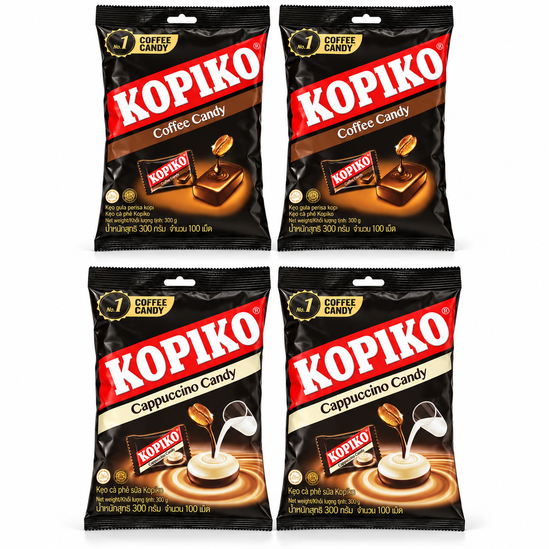 Kopiko Coffee & Cappuccino Candy Mix — 4 × 300 g Bags — exact pack quantity on white