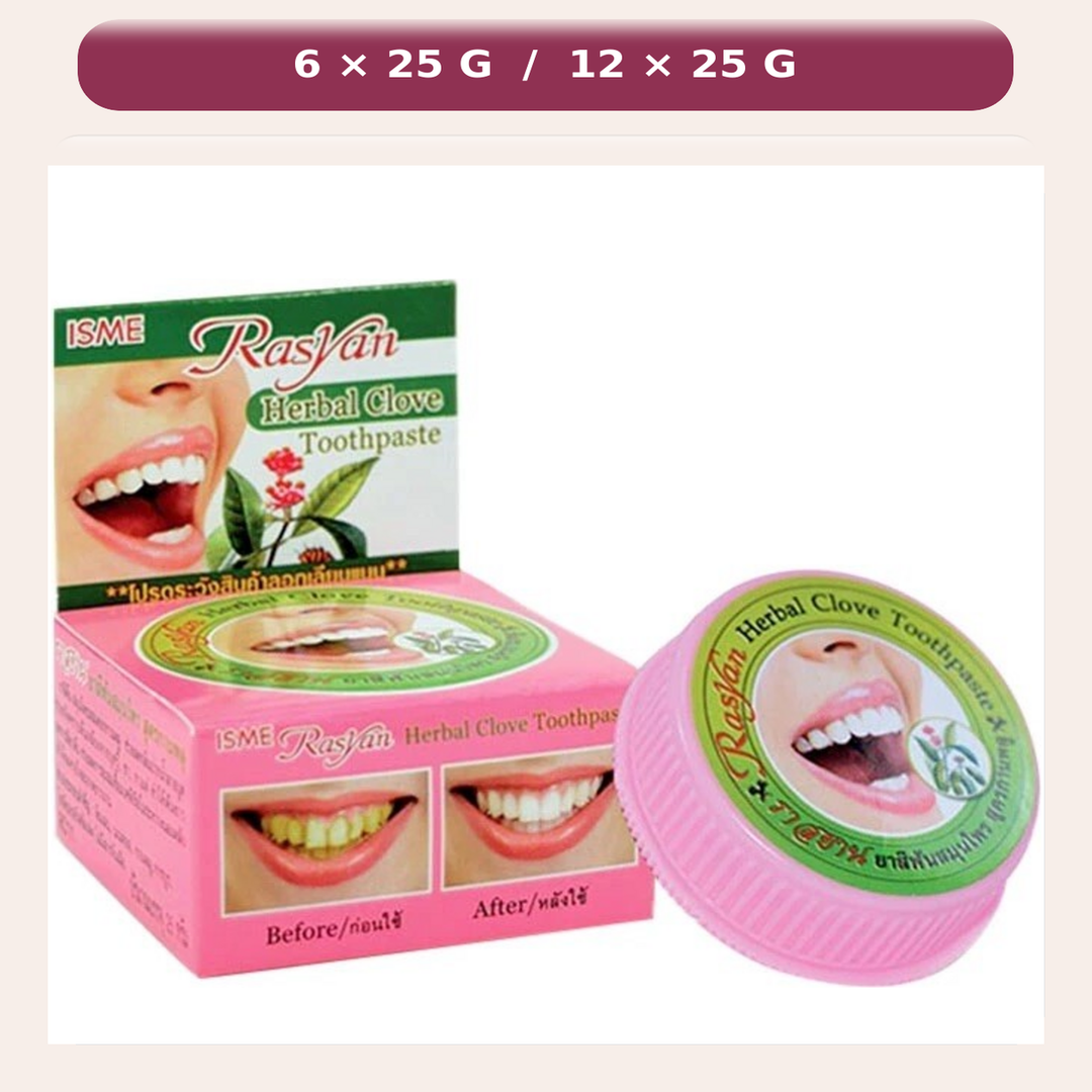 ISME Rasyan Herbal Clove Toothpaste 25 g pink jar and complete retail box, available in packs of 6 or 12