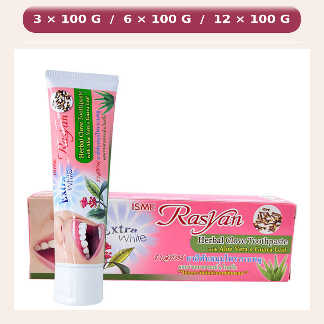 ISME Rasyan Extra White Herbal Clove Toothpaste 100 g tube and complete retail box, available in packs of 3, 6 or 12