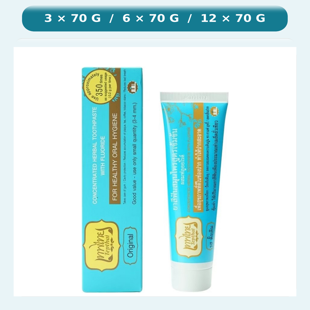 Tepthai Original Concentrated Herbal Toothpaste 70 g tube and matching blue box, available in packs of 3, 6 or 12