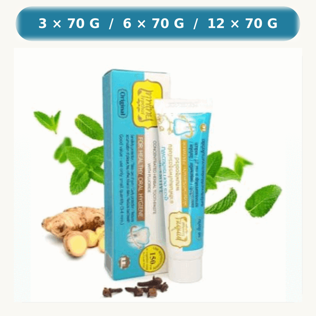 Tepthai Sensitive Original Flavor Herbal Toothpaste 70 g retail packaging, available in packs of 3, 6 or 12
