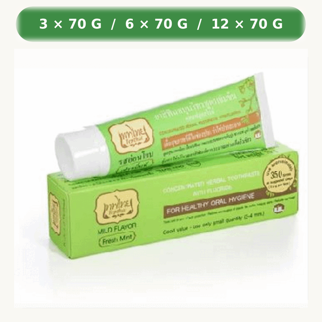 Tepthai Fluoride Mild Fresh Mint Herbal Toothpaste 70 g retail packaging, available in packs of 3, 6 or 12