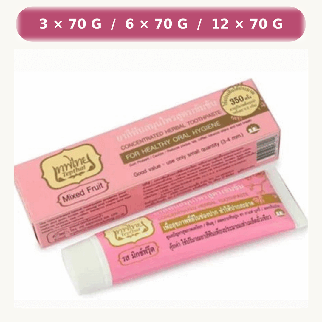 Tepthai Fluoride Mild Fresh Fruit Herbal Toothpaste 70 g retail packaging, available in packs of 3, 6 or 12