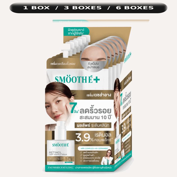 One Smooth E Retinal Plus Deep Wrinkle Repair Serum retail box with quantity choices 1, 3 or 6 boxes
