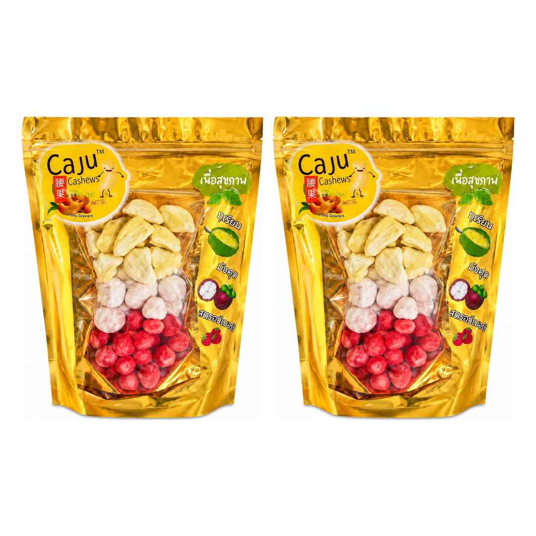 Caju Freeze-Dried Fruit Mix – Durian, Mangosteen & Strawberry | 2 Pouchs | 150 g Each — 2 separate retail units shown on white background