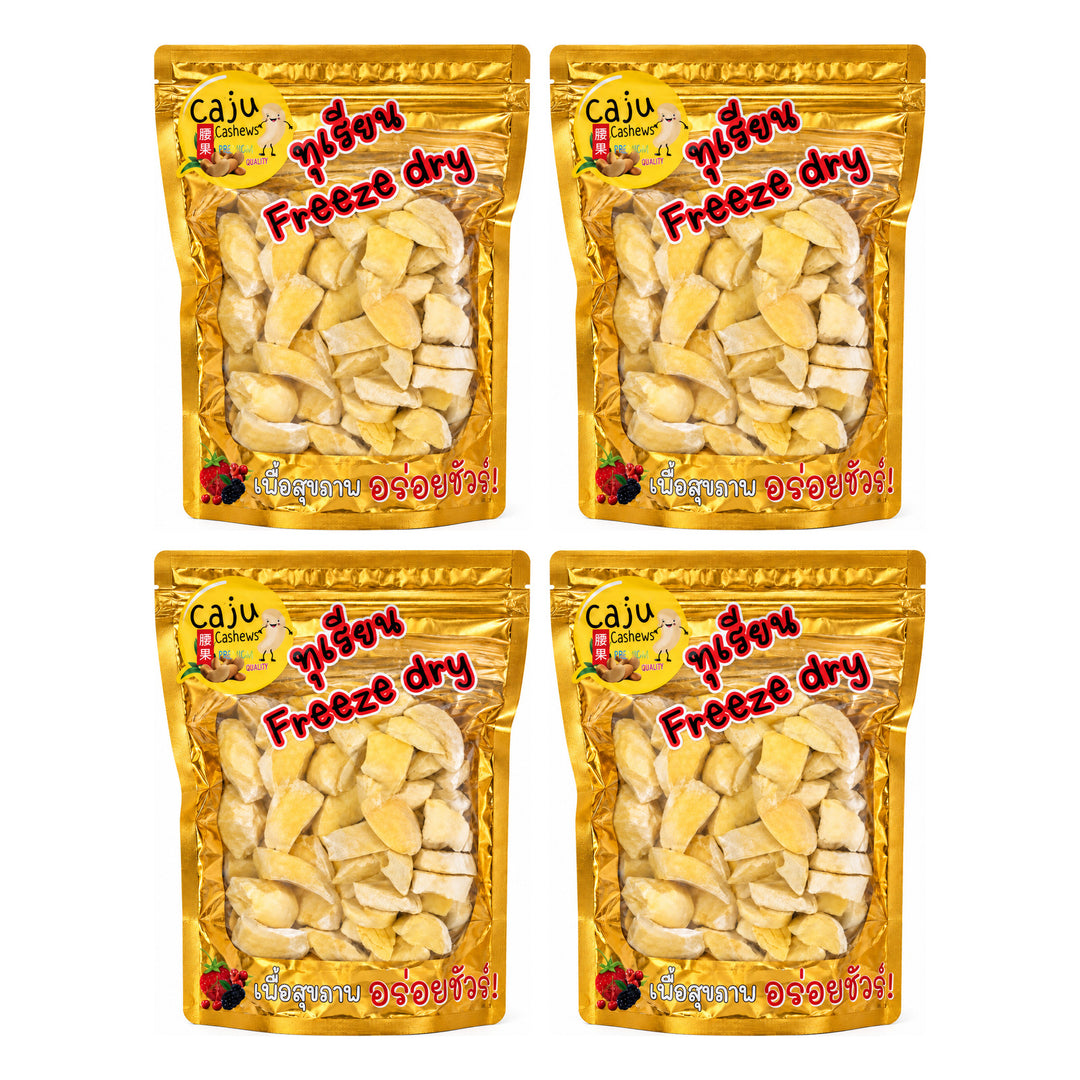 Caju Authentic Freeze-Dried Durian | 4 Pouchs | 150 g Each — 4 separate retail units shown on white background
