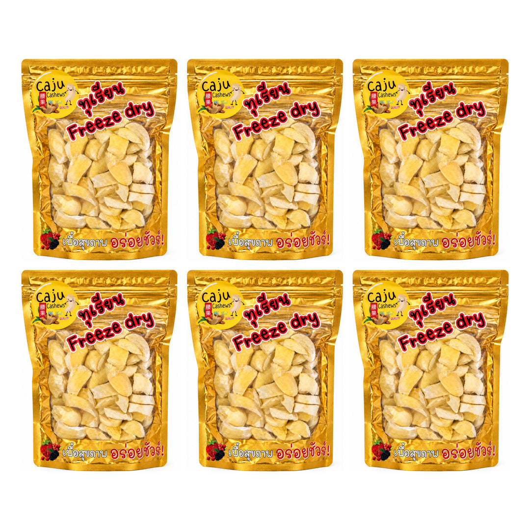 Caju Authentic Freeze-Dried Durian | 6 Pouchs | 150 g Each — 6 separate retail units shown on white background