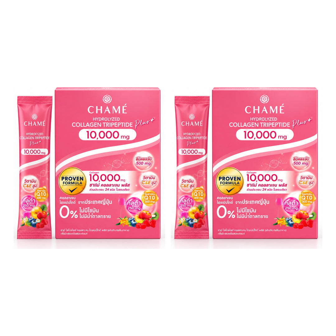 CHAMÉ Hydrolyzed Collagen Tripeptide Plus 10,000 mg — 15 g × 6 Sachets | 2 Packs — 2 separate retail units shown on white background