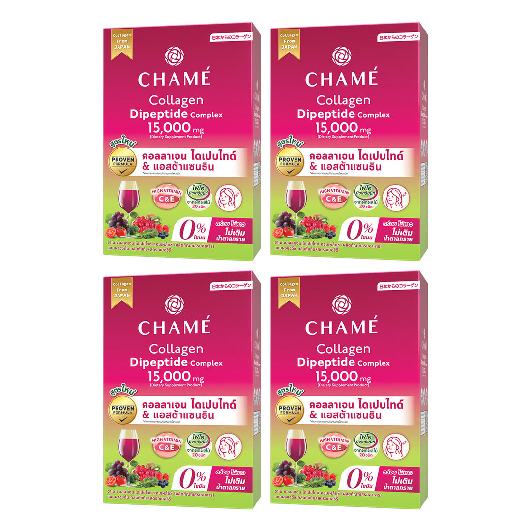CHAMÉ Collagen Dipeptide Complex 15,000 mg | 4 Packs — 4 separate retail units shown on white background