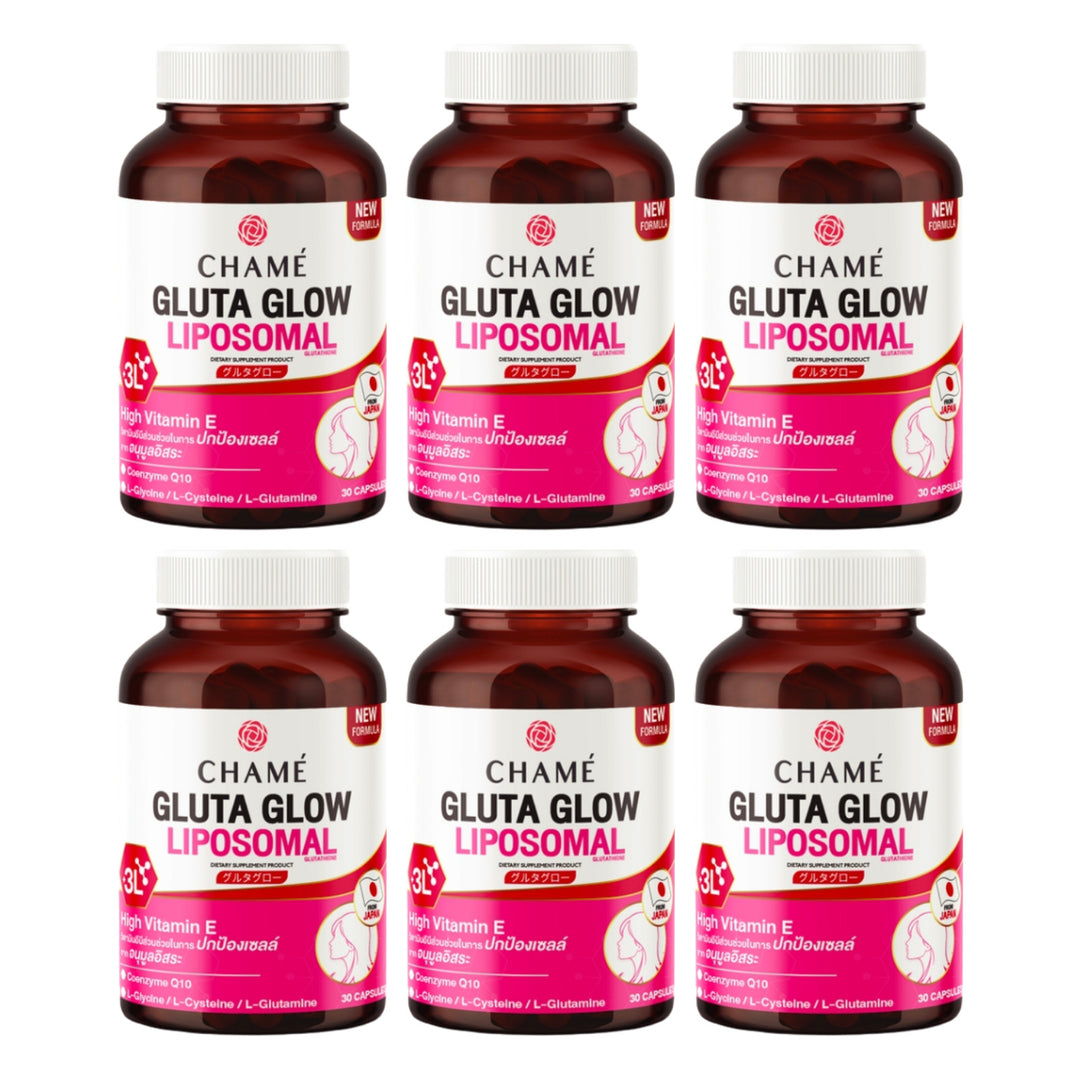 CHAMÉ Gluta Glow Liposomal — 1 Bottle of 30 Capsules | 6 Packs — 6 separate retail units shown on white background
