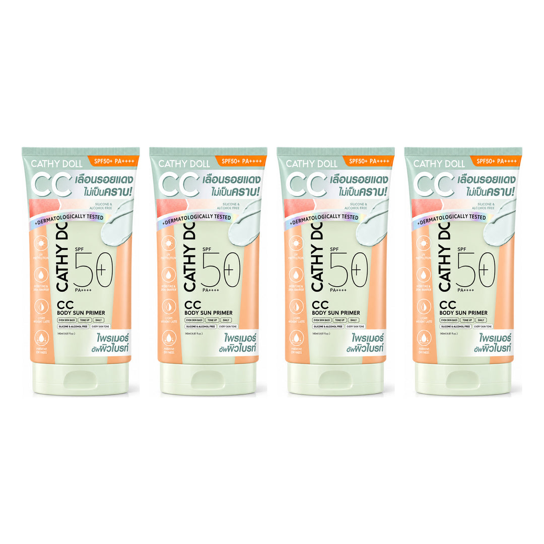 Cathy Doll CC Body Sun Primer SPF50+ PA++++ 140ml | 4 Packs — 4 separate retail units shown on white background