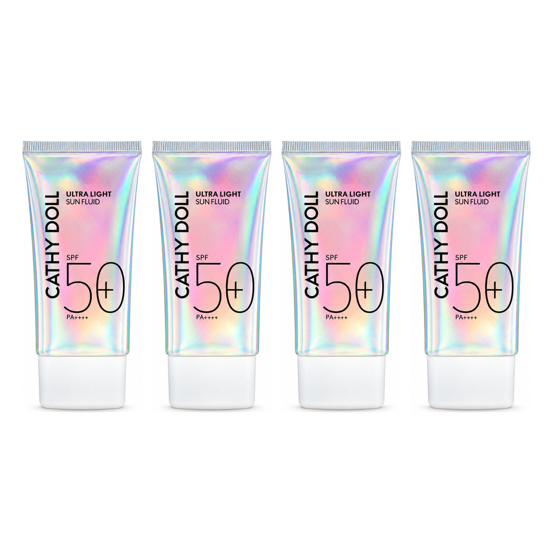 Cathy Doll Ultra Light Sun Fluid SPF50+ PA++++ | 4 Packs — 4 separate retail units shown on white background