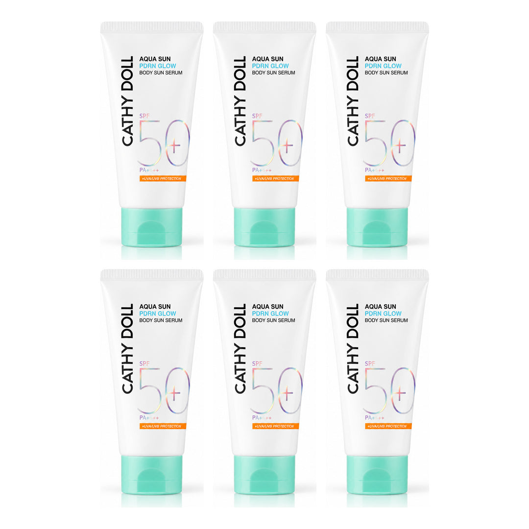 Cathy Doll Aqua Sun PDRN Glow Body Sun Serum SPF50+ PA++++ 50ml | 6 Packs — 6 separate retail units shown on white background