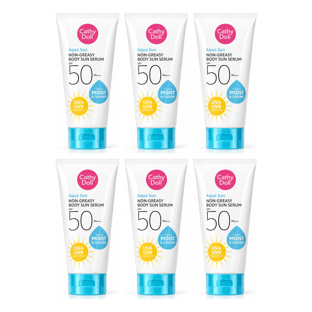 Cathy Doll Aqua Sun Non Greasy Body Sun Serum SPF50 PA+++ 138ml | 6 Packs — 6 separate retail units shown on white background