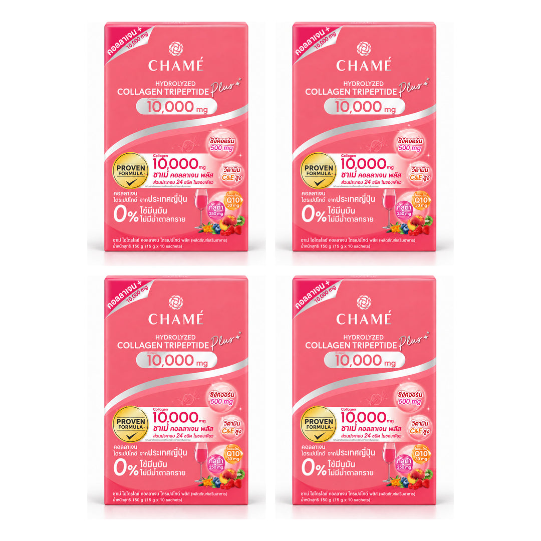 CHAMÉ Hydrolyzed Collagen Tripeptide Plus 10,000 mg — 15 g × 10 Sachets | 4 Packs — 4 separate retail units shown on white background