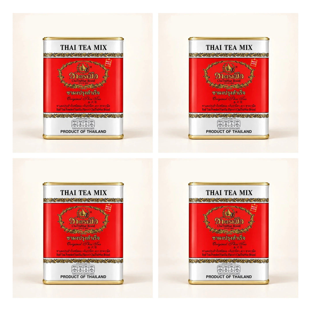 ChaTraMue Original Thai Tea Mix Tin — 50 Sachets | 4 Packs — 4 separate retail units shown on white background