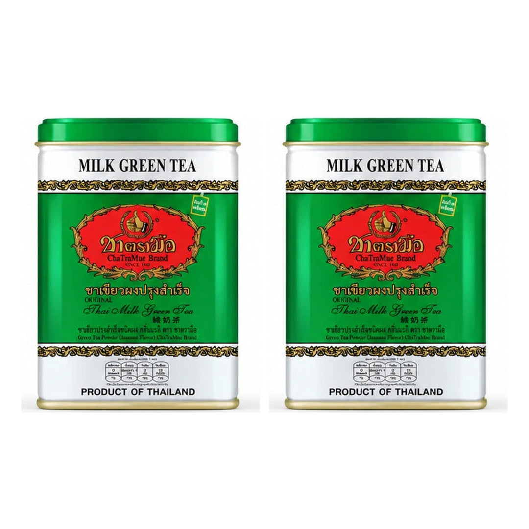 ChaTraMue Milk Green Tea — 1 Tin of 50 Tea Bags | 2 Packs — 2 separate retail units shown on white background