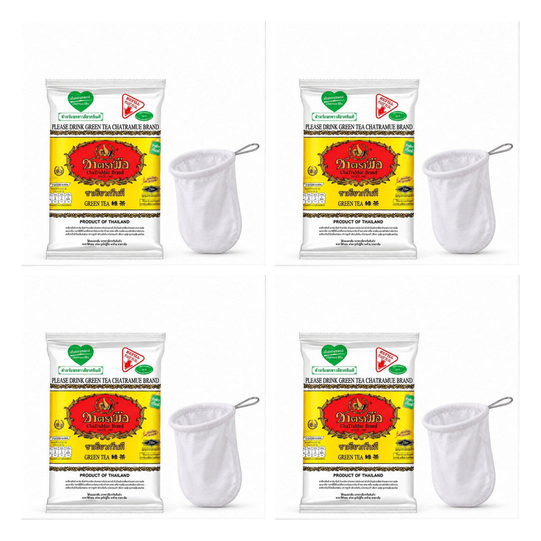 ChaTraMue Green Tea 200 g with Filter | 4 Packs — 4 separate retail units shown on white background