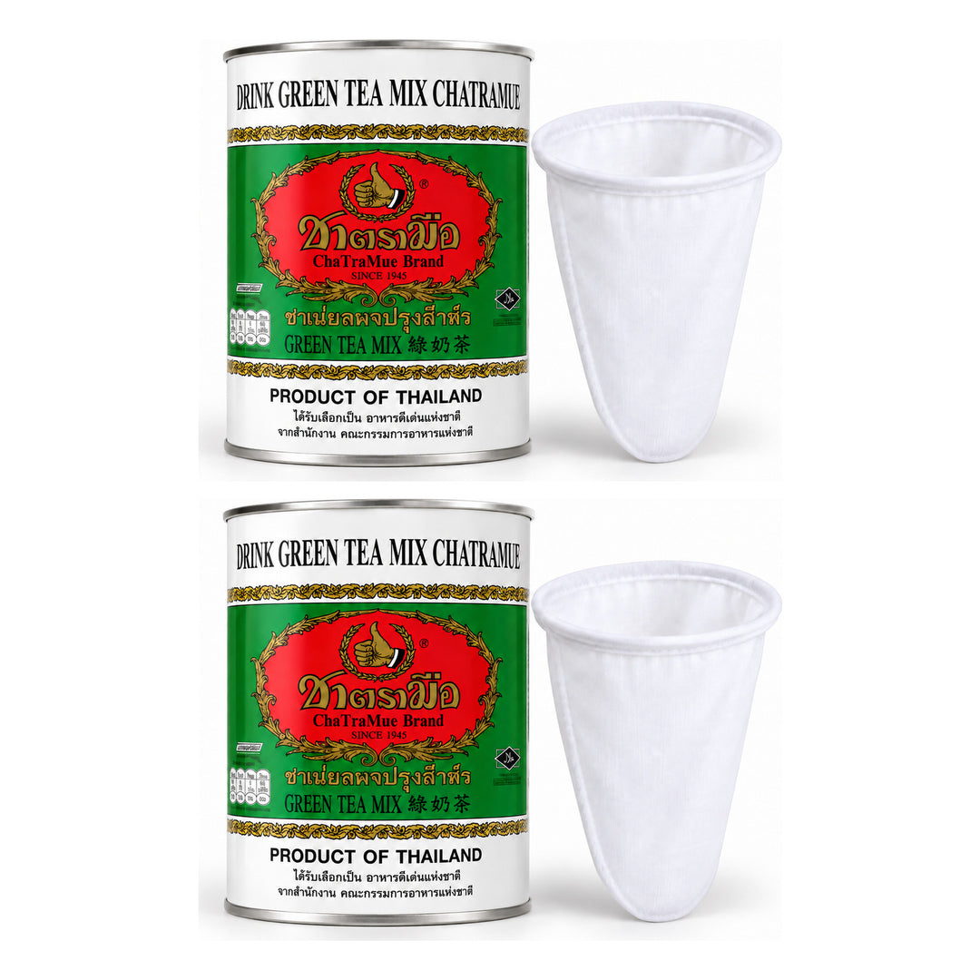 ChaTraMue Milk Green Tea Mix 220 g Round Tin + Filter | 2 Packs — 2 separate retail units shown on white background