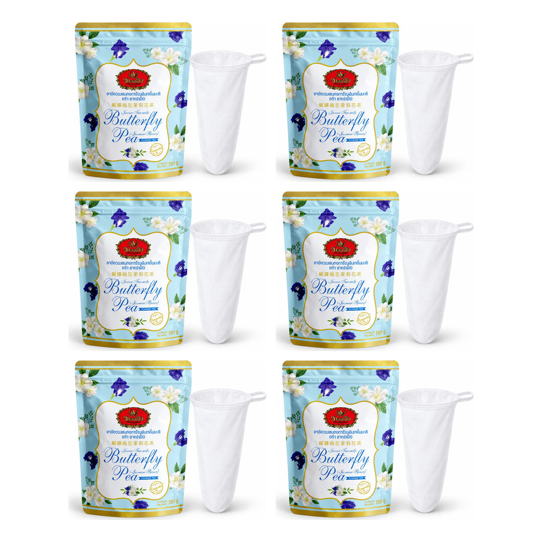 ChaTraMue Jasmine Butterfly Pea Tea 150 g with Filter | 6 Packs — 6 separate retail units shown on white background