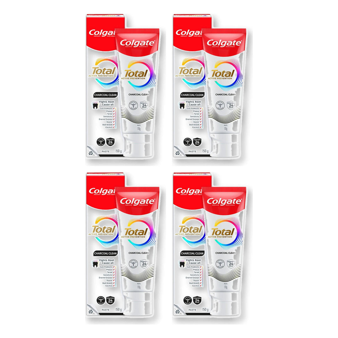 Colgate Total Active Prevention+ Charcoal Clean Toothpaste 150 g | 4 Packs — 4 separate retail units shown on white background