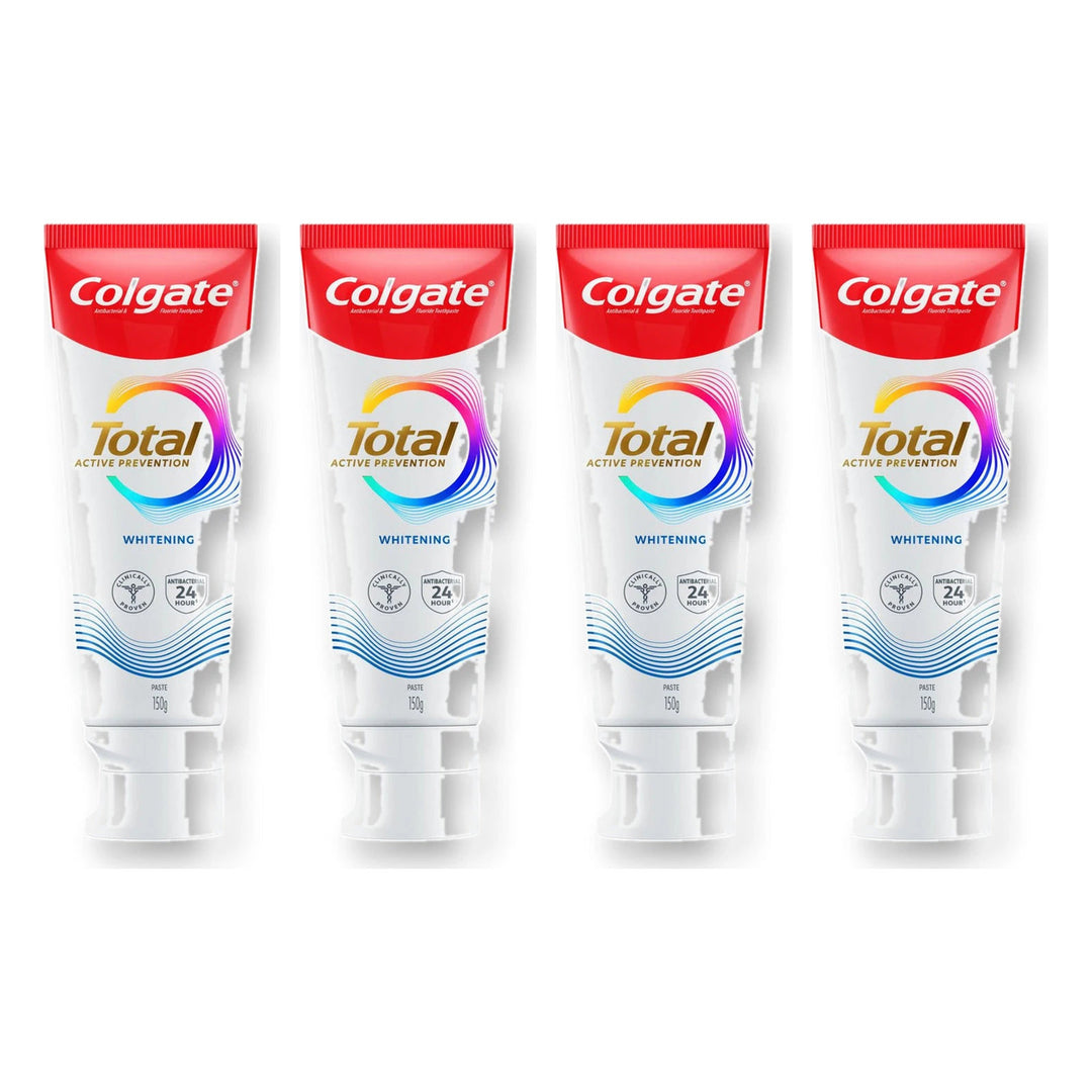 Colgate Total Active Prevention+ Whitening Toothpaste 150 g | 4 Packs — 4 separate retail units shown on white background