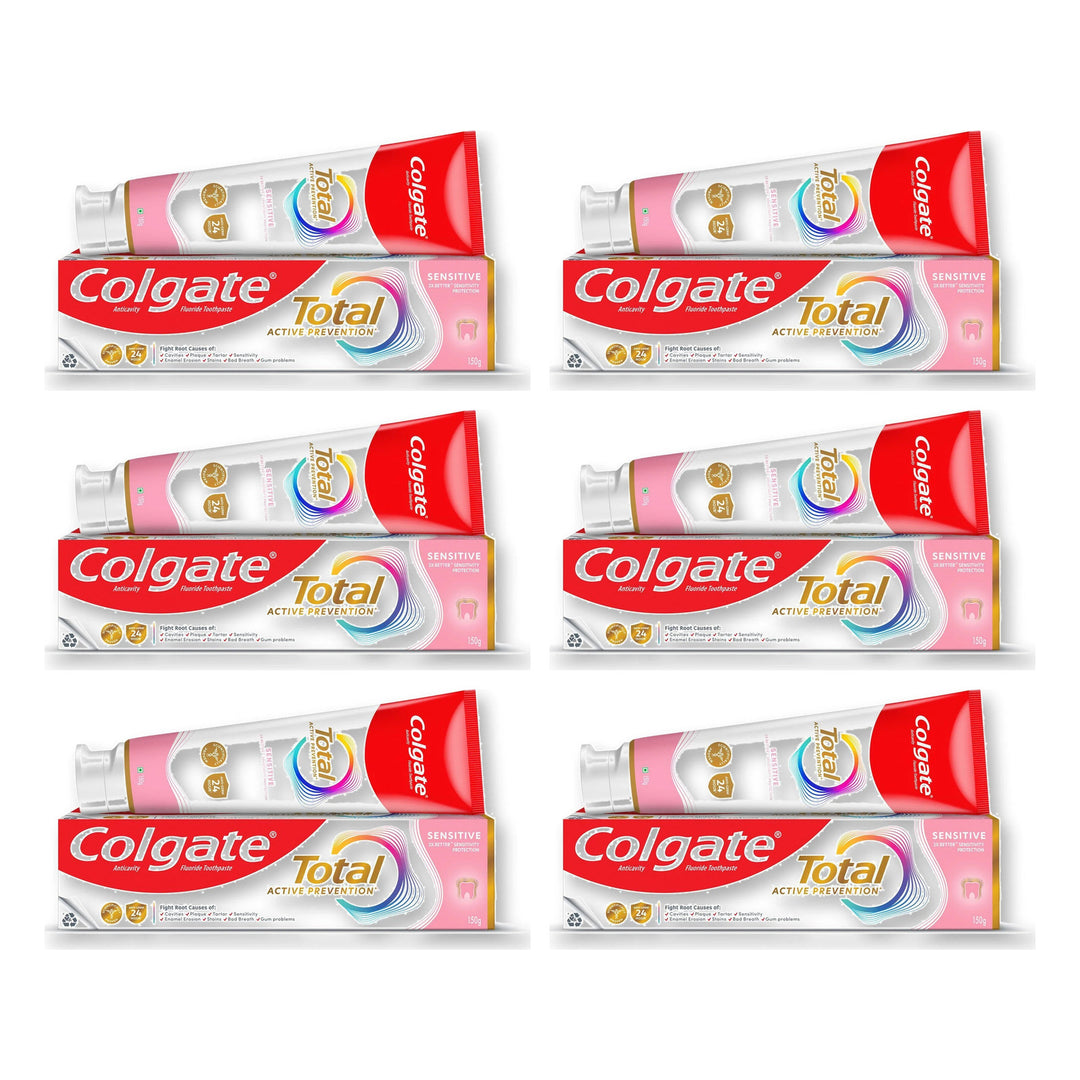 Colgate Total Active Prevention+ Sensitivity Toothpaste 150 g | 6 Packs — 6 separate retail units shown on white background