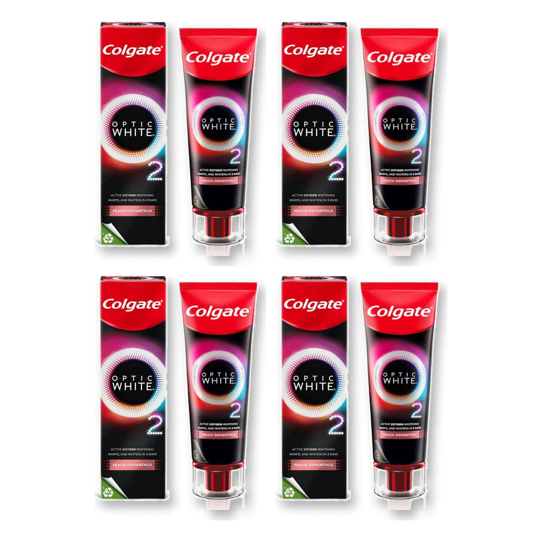 Colgate Optic White O2 Peach Osmanthus Toothpaste 85 g | 4 Packs — 4 separate retail units shown on white background