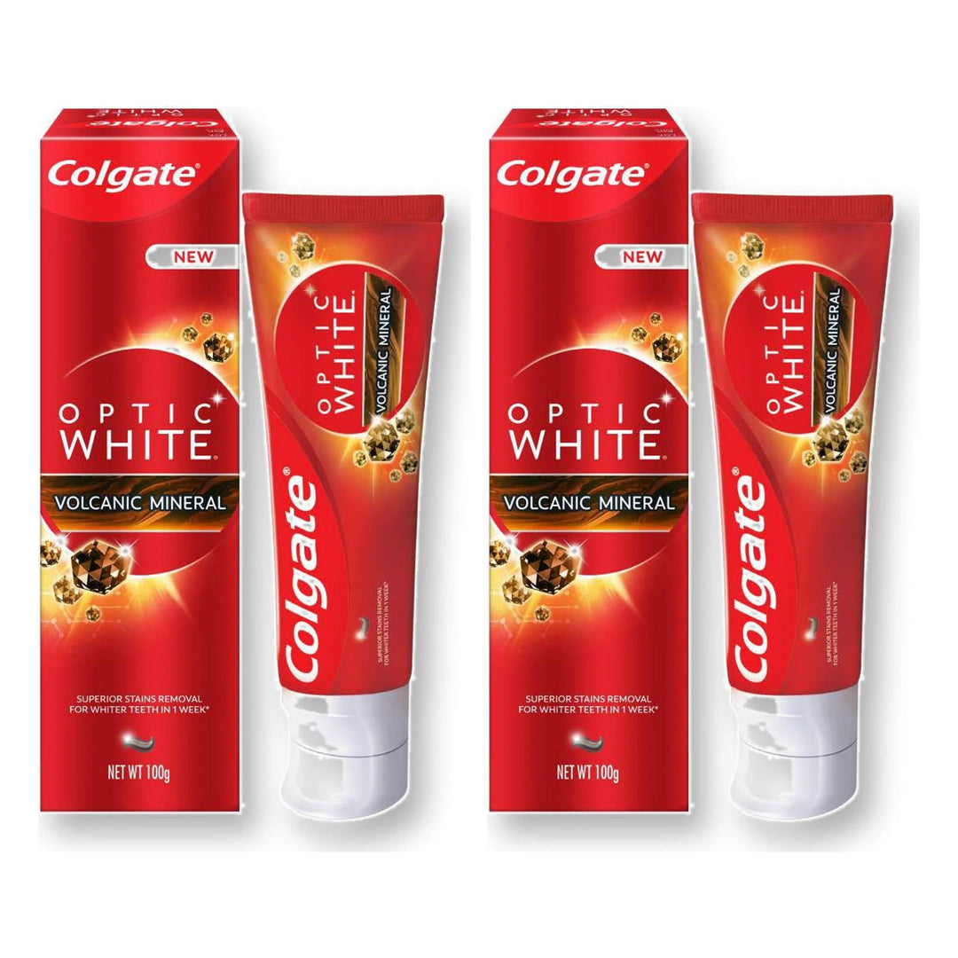 Colgate Optic White Volcanic Mineral Toothpaste 100 g | 2 Packs — 2 separate retail units shown on white background