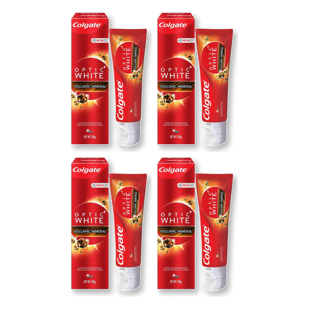 Colgate Optic White Volcanic Mineral Toothpaste 100 g | 4 Packs — 4 separate retail units shown on white background