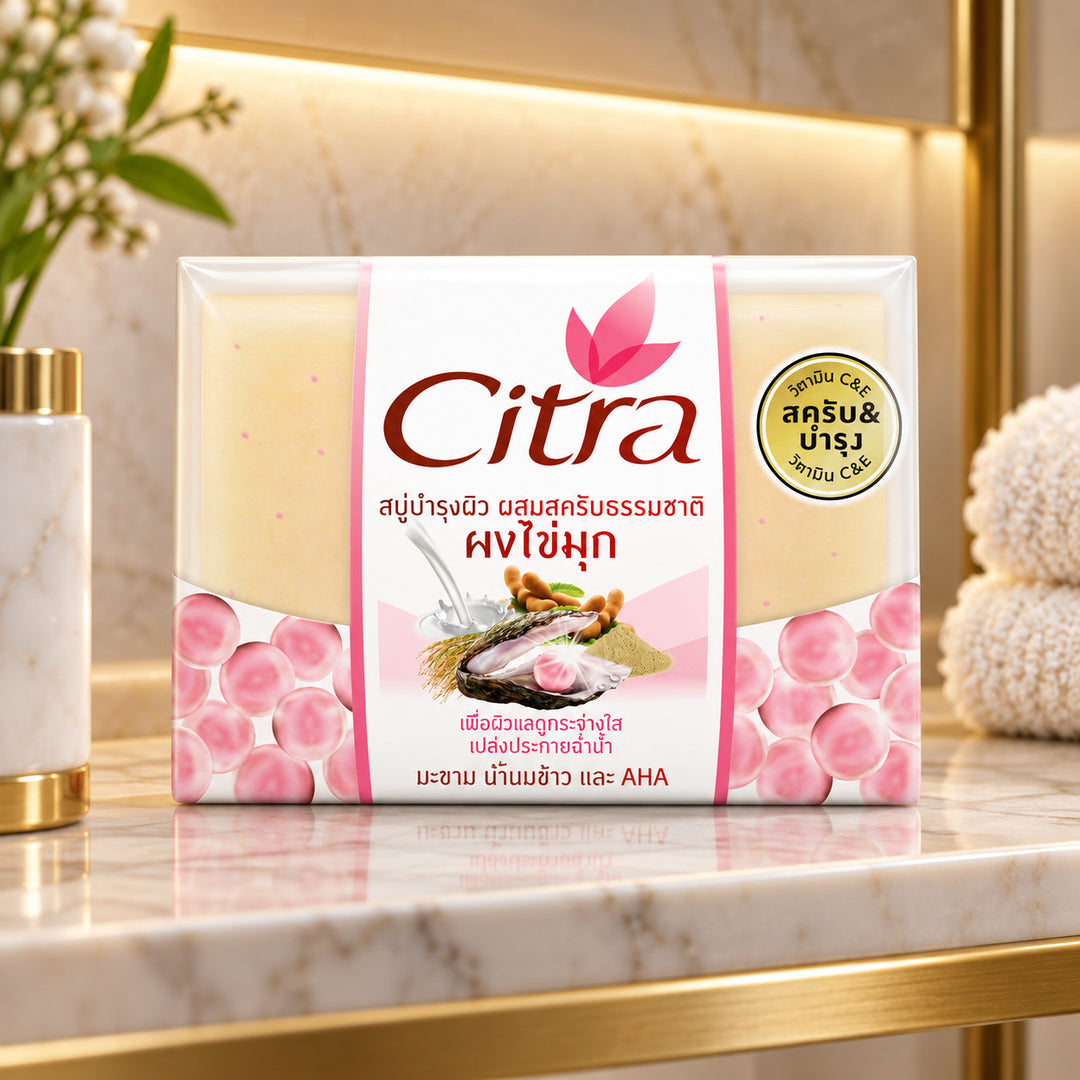 CITRA SOAP PEARL POWDER WHITENING  SCRUB — illustrative setting, decorative props excluded