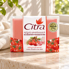 CITRA SOAP TOMATO+COLLAGEN WHITENING SCRUB — illustrative setting, decorative props excluded