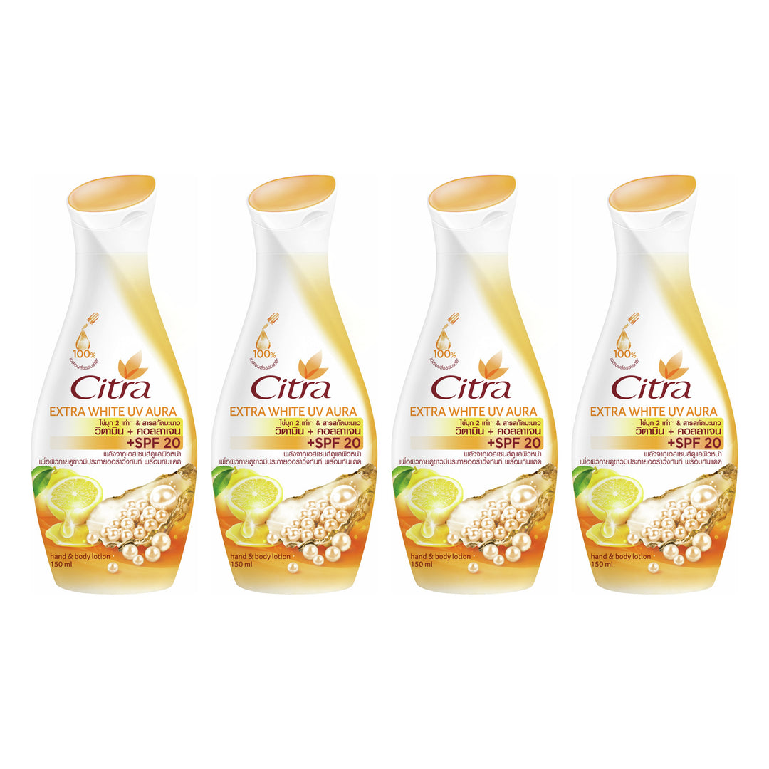Citra Extra White UV Aura Lotion Pearl & Lemon 150 ml | 4 Packs — 4 separate retail units shown on white background