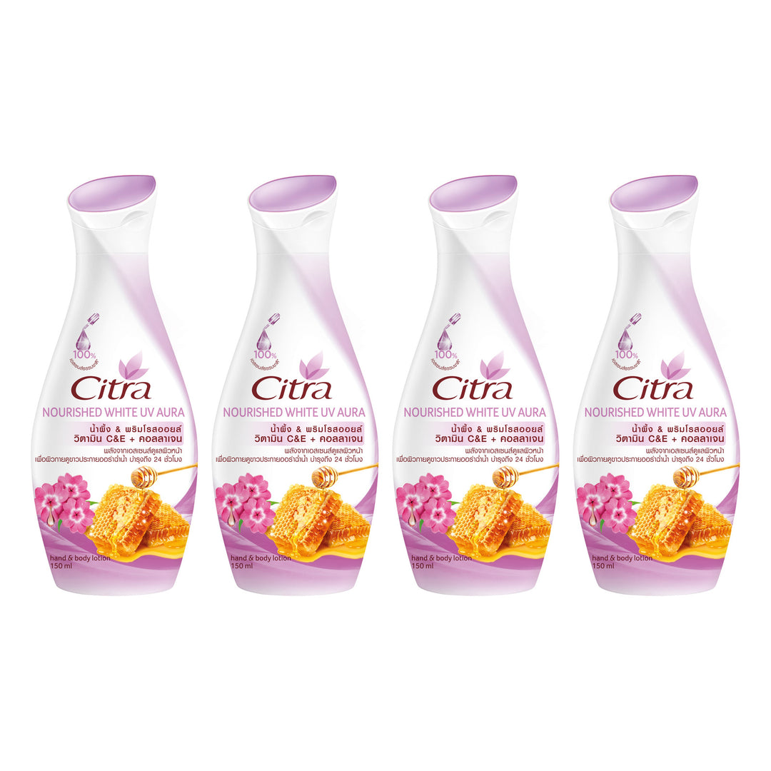 Citra Nourished White UV Aura Lotion Honey & Primrose Oil 150 ml | 4 Packs — 4 separate retail units shown on white background