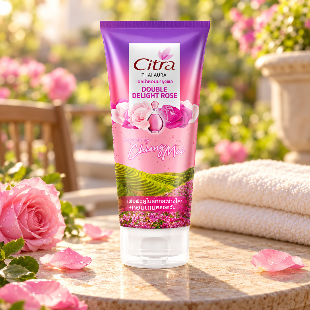 CITRA THAI AURA PERFUME BODY GEL + DOUBLE DELIGHT ROSE — illustrative setting, decorative props excluded