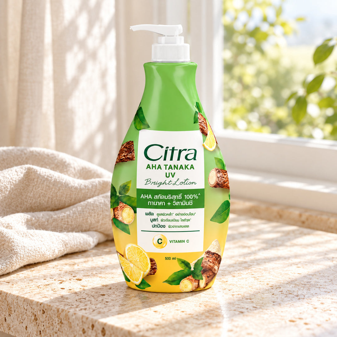 Citra AHA Tanaka UV Bright Lotion 500 ml — illustrative setting, decorative props excluded