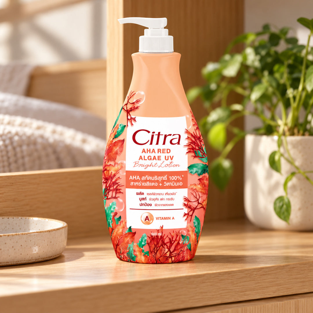 Citra AHA Red Algae UV Bright Lotion 500 ml — illustrative setting, decorative props excluded