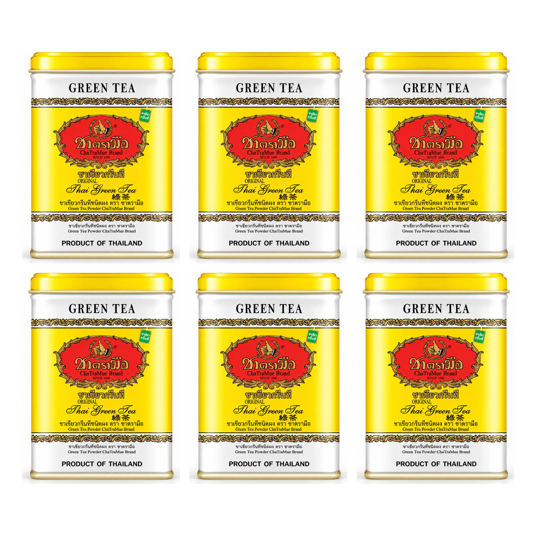 ChaTraMue Green Tea — Tin of 50 Tea Bags (125 g) | 6 Packs — 6 separate retail units shown on white background
