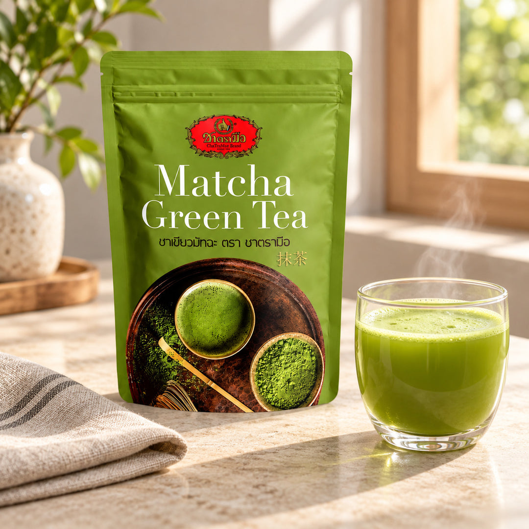ChaTraMue Matcha Green Tea Powder Formula I 100 g — illustrative product setting; cups and decorative props are not included