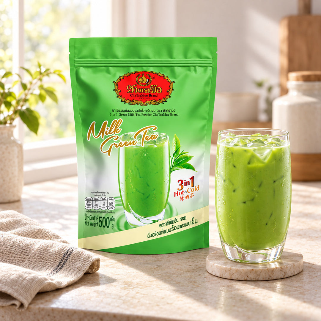 ChaTraMue 3-in-1 Instant Milk Green Tea Mix 500 g — illustrative product setting; cups and decorative props are not included